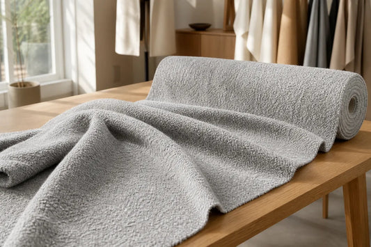 A light gray textured fleece blanket is draped over a wooden table in a softly lit room with a window and hanging garments in the background.