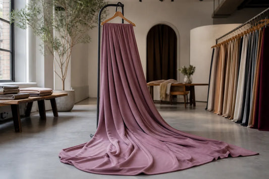 A dusty mauve-pink fabric drape hanging from a black clothing rack in a bright, modern textile studio with other fabric swatches visible in the background.