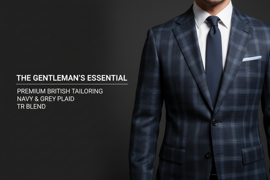 Premium British tailoring navy and grey plaid suit made from sustainable TR blend fabrics
