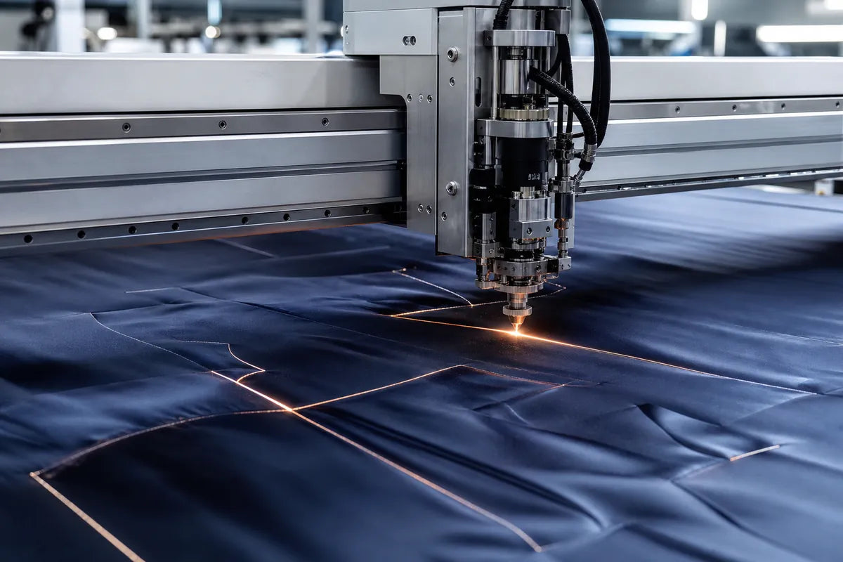 A large industrial sewing machine or cutting machine in operation, stitching a dark navy fabric sheet with glowing orange laser lines.