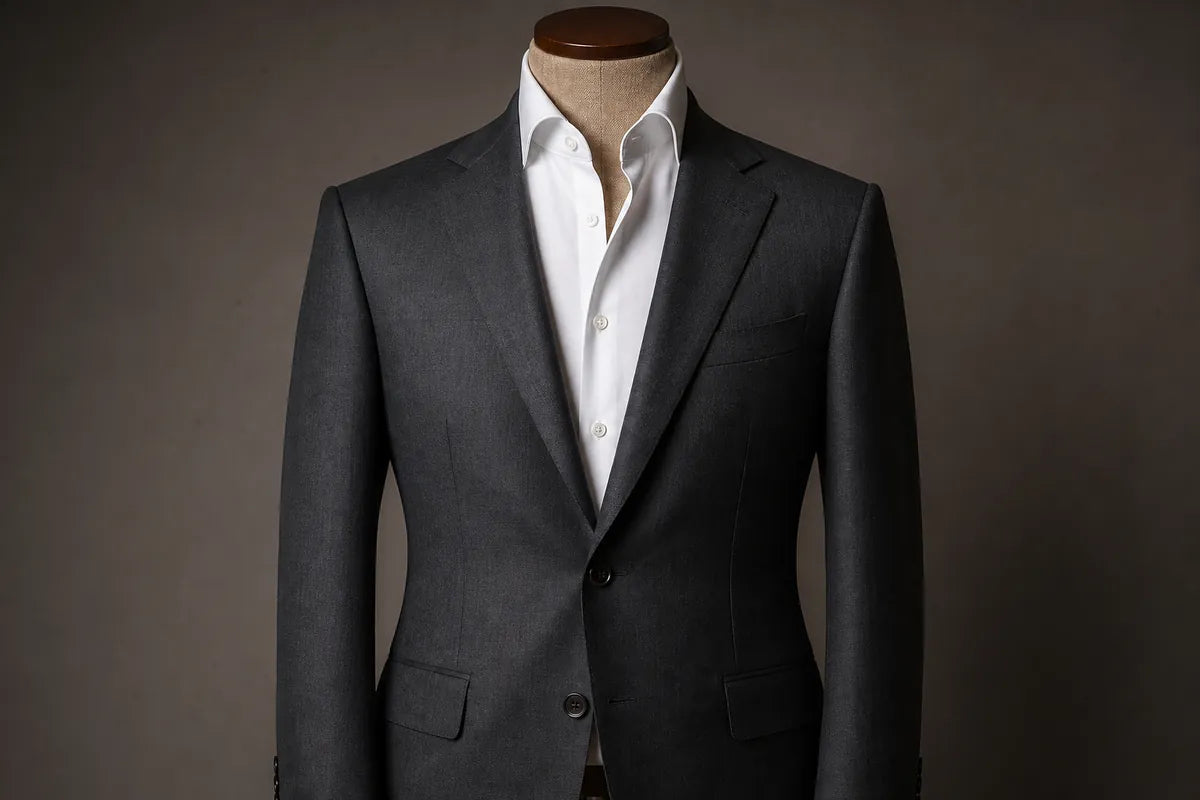 A dark gray two-button suit jacket displayed on a mannequin torso with a white dress shirt underneath, set against a dark brown studio background.