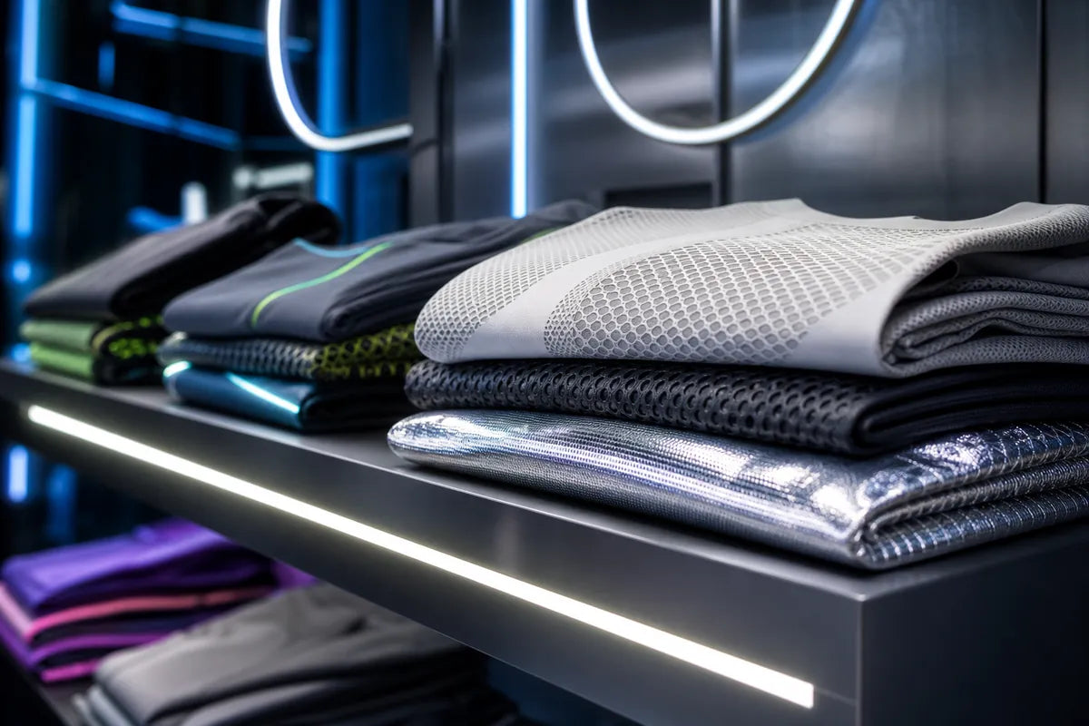 Folded athletic apparel displayed on a black shelf with built-in LED lighting, including a light gray mesh top, dark gray and black garments, and a silver reflective fabric item, set against a dark wall with blue neon lighting.