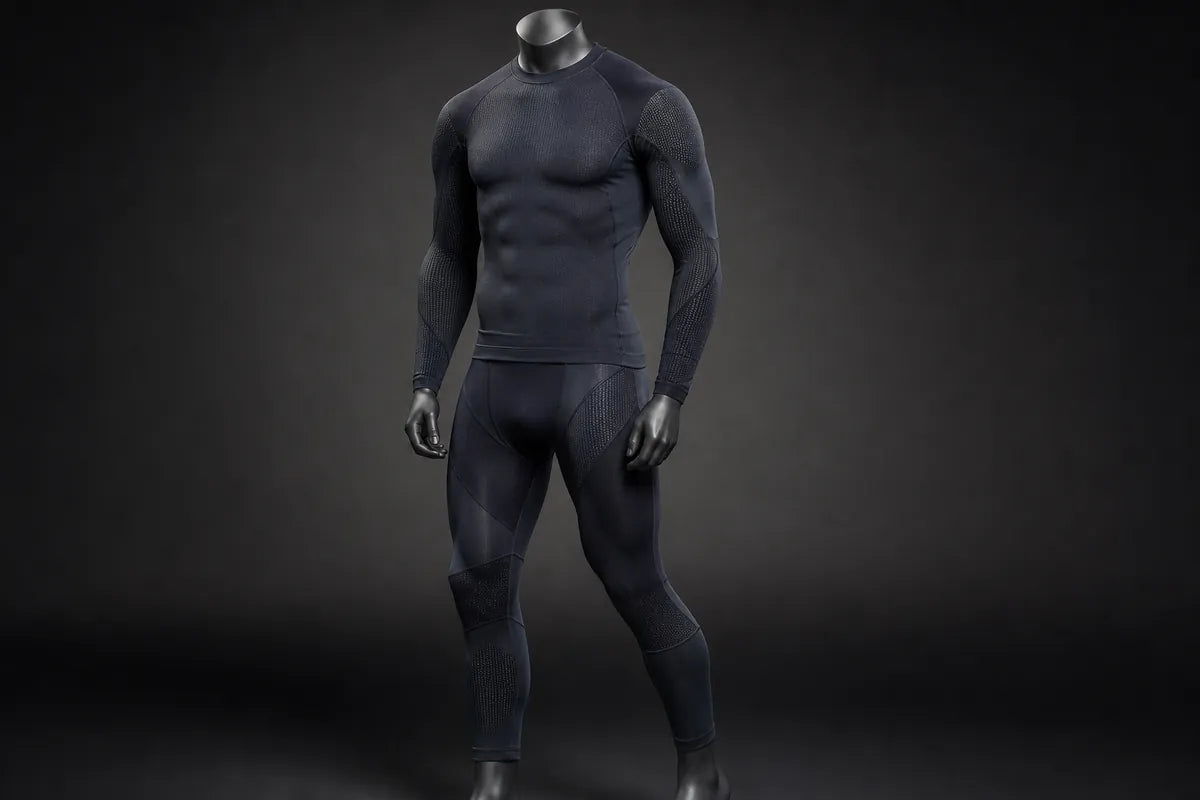 A dark gray full-body athletic suit or bodysuit displayed on a headless mannequin against a dark gray studio background.
