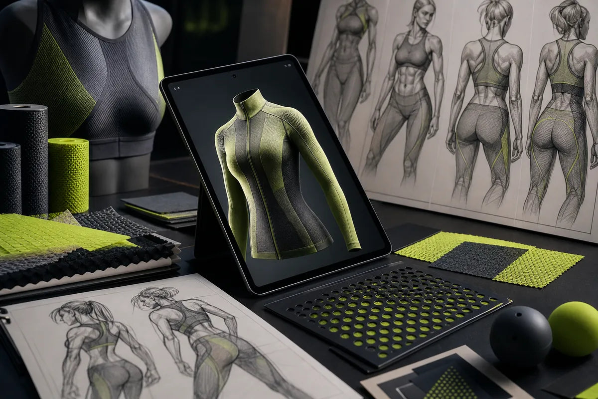 A tablet in a black keyboard case displays a 3D model of a fitted athletic top on a dark desk surrounded by fitness and design props, including sketchbooks showing female body poses, textured mats, foam, and a sports bra on a mannequin torso.