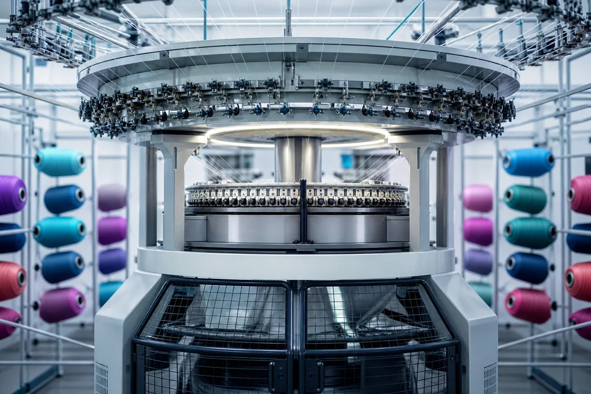 A large industrial circular knitting machine with multiple colorways of thread spools visible on both sides in a bright, clean textile workshop.