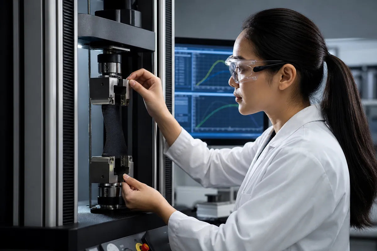 A woman in a white lab coat and safety glasses adjusts a component on a large industrial testing machine in a laboratory setting.