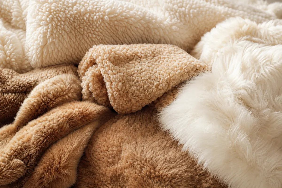 Close-up of plush textured throw blankets in cream, tan, and brown, showing soft sherpa-like and faux fur fabrics.