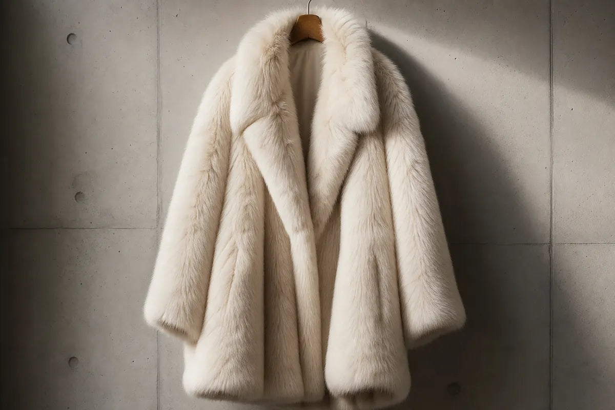 A plush cream-colored fur coat with a wide collar, hanging on a wooden hanger against a textured concrete wall with dramatic side lighting.