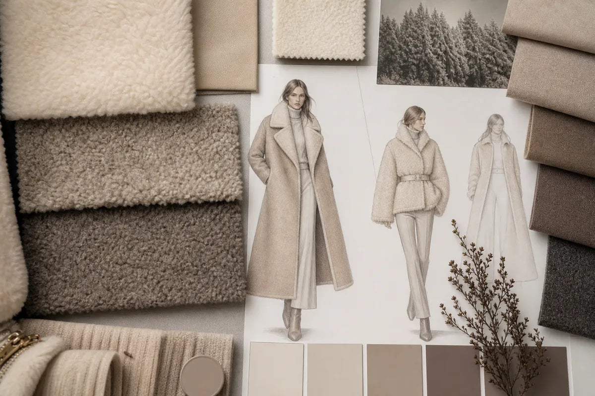 A fashion design board or mood board featuring beige and brown textured fabric swatches, a black-and-white sketch of three women in long coats, a forest photo, and a small dried botanical stem.