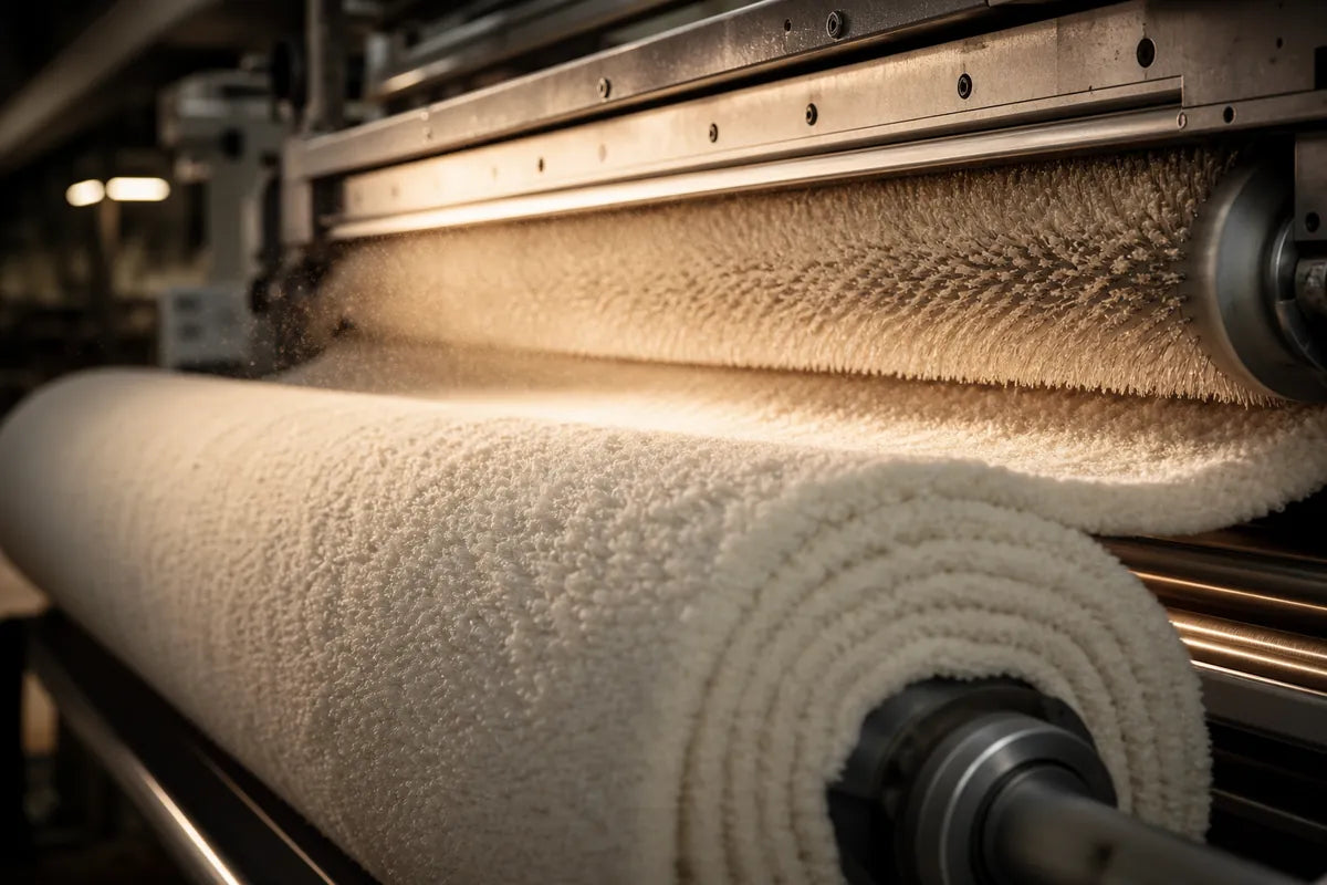 A close-up of a large off-white textured carpet or fabric roll moving through industrial machinery in a factory setting.