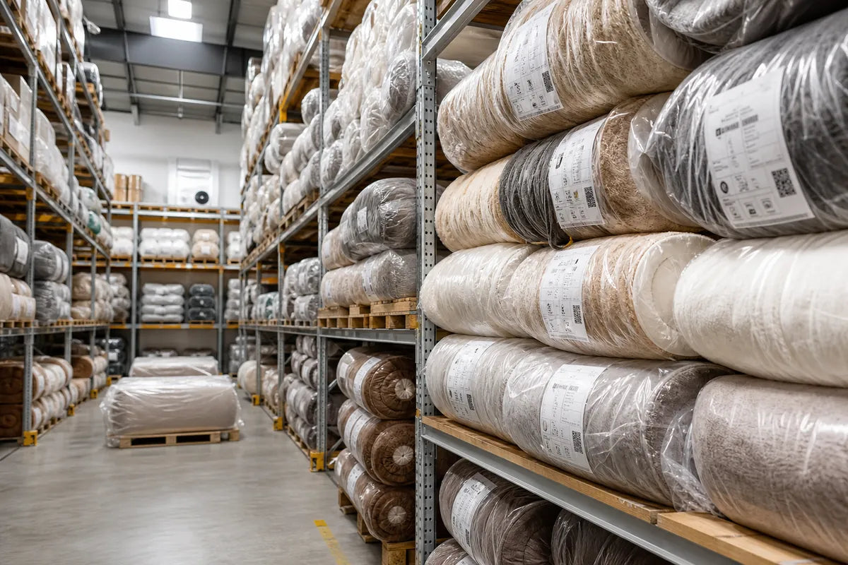 A warehouse aisle lined with tall metal shelves holding large rolls of carpet or flooring material wrapped in clear plastic with white labels.