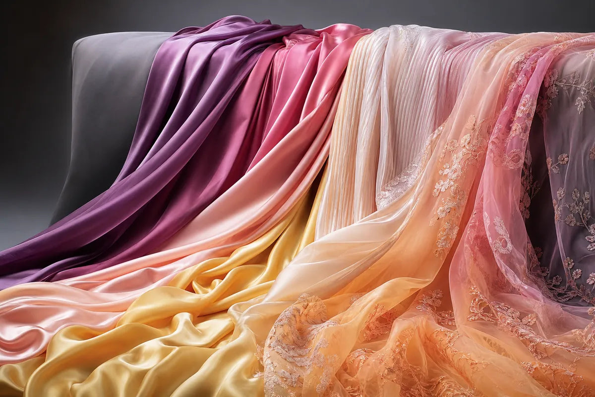 A draped collection of sheer and satin fabrics in purple, pink, peach, cream, and yellow, arranged on a dark gray sofa against a dark background.