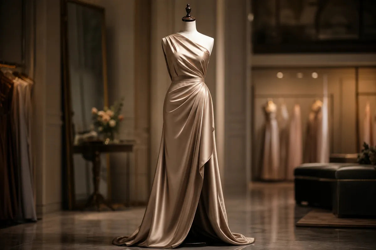 A floor-length draped gown displayed on a mannequin in a softly lit boutique. The dress has a satin-like sheen and a warm champagne-beige color, with an asymmetrical draped neckline and a long train that pools slightly on the floor.