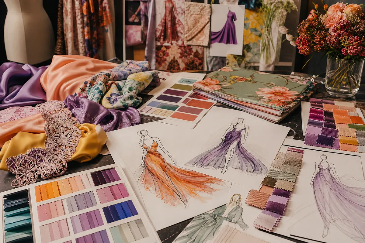 A styled flat-lay of fashion design materials including fabric swatches, color cards, sketch drawings of dresses, and a floral bouquet on a dark tabletop.