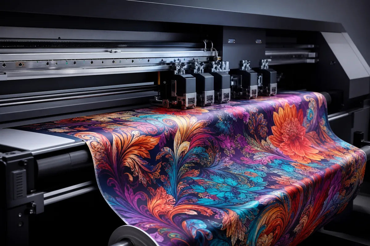 A large-format digital fabric printer in operation, showing a vibrant, multicolored textile with a detailed floral and ornamental pattern being printed. The fabric is draped over the machine, displaying rich shades of purple, blue, orange, and red against a dark studio background.
