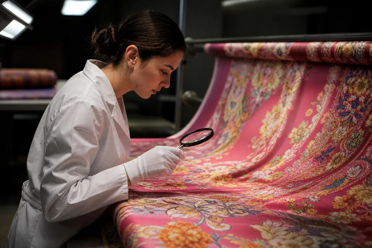 A woman in a white lab coat and gloves examines a large pink patterned textile with a magnifying glass in a dark studio or workshop setting.