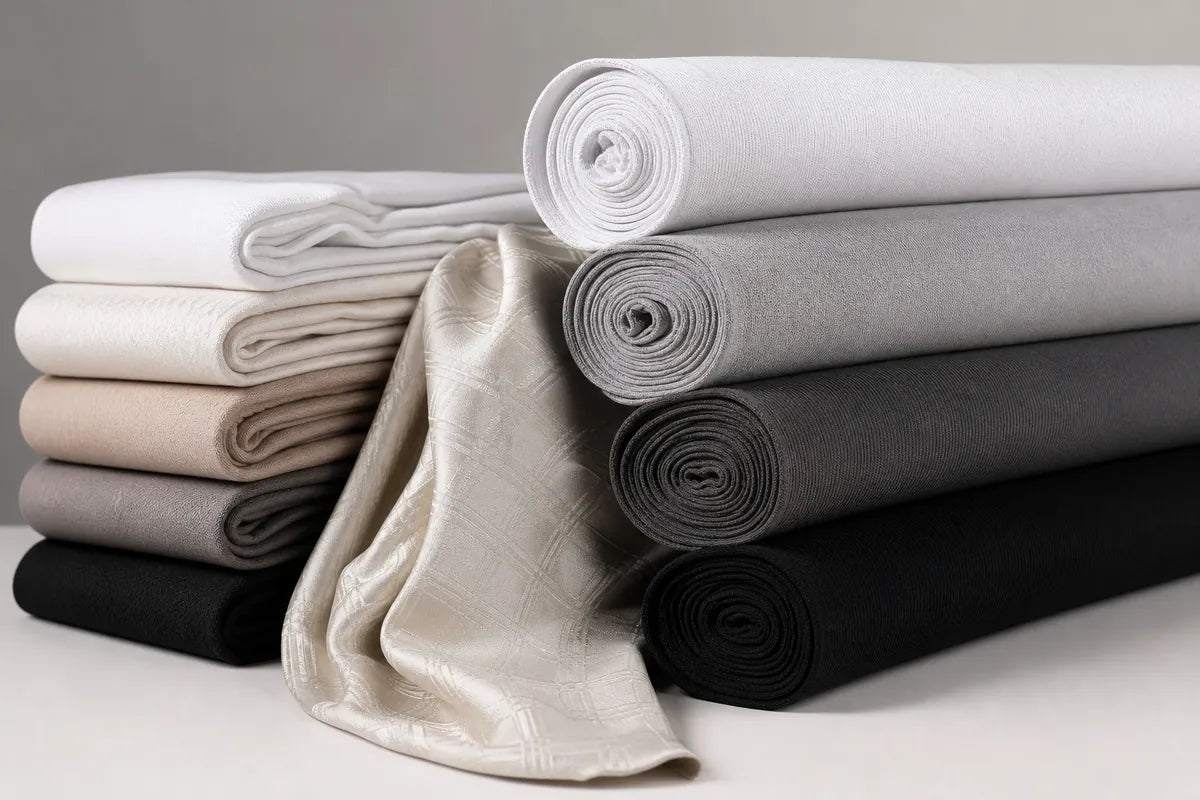 A stack of folded and rolled fabric samples in white, beige, taupe, gray, and black, with one light beige fabric draped in the foreground, set against a neutral gray background.