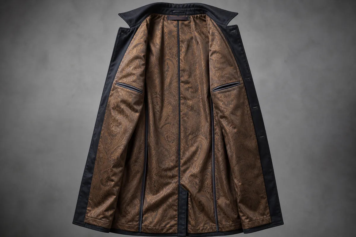 A long brown patterned coat with dark navy blue trim and lining, displayed open against a dark gray studio background.