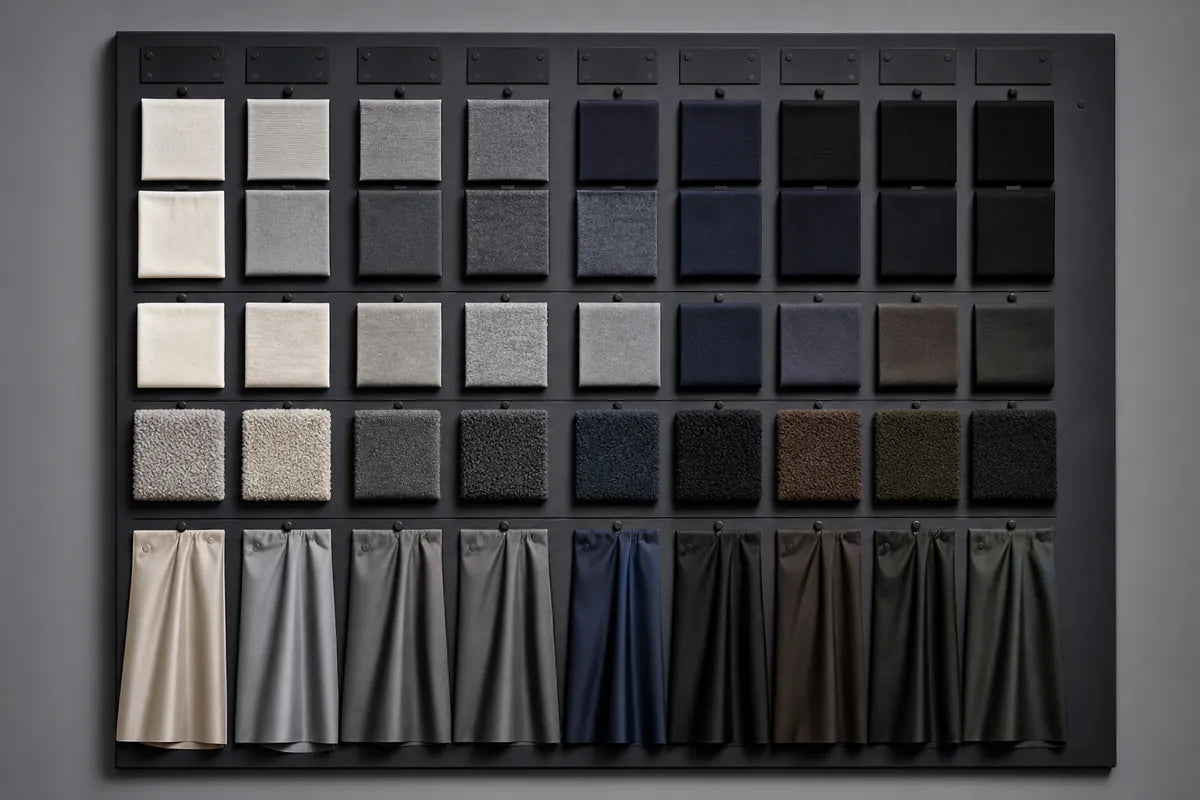 A large fabric and material swatch display board mounted on a gray wall, showing multiple square sample tiles in neutral and dark tones above draped fabric swatches in beige, gray, charcoal, navy, and brown.