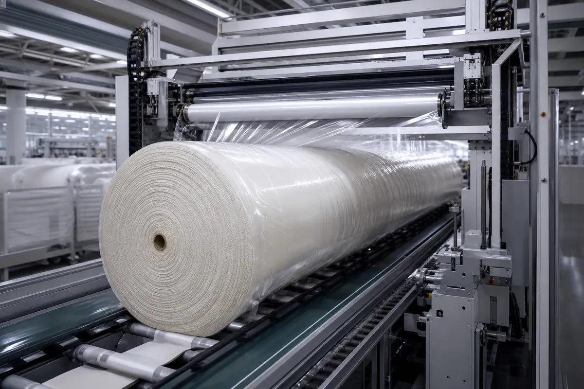 A large roll of white or off-white fabric or material moving on a conveyor belt through an industrial manufacturing facility with machinery and metal structures visible.