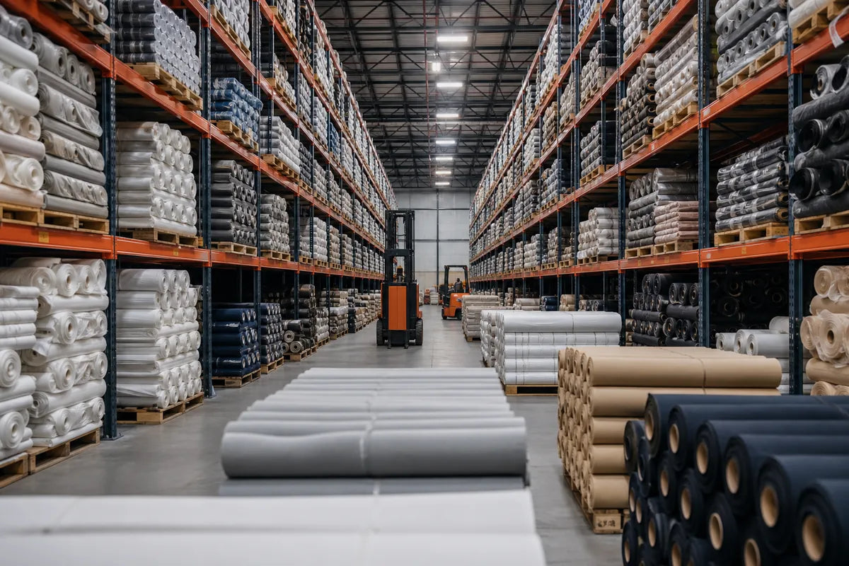 A wide view of a large warehouse interior with tall industrial shelving stocked with rolled materials, paper rolls, and fabric-like goods. A forklift is visible in the aisle, and stacks of rolls sit on pallets along the floor.
