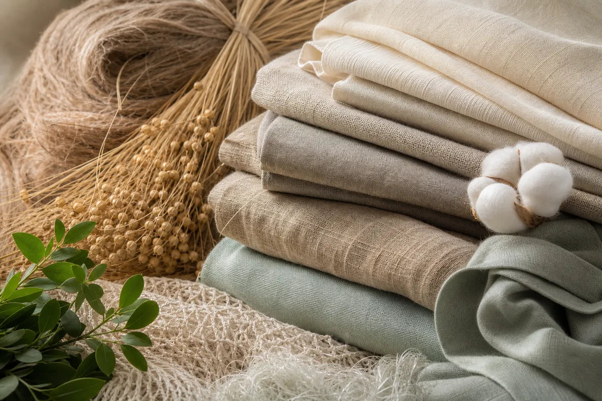 A styled flat-lay of folded natural cotton fabrics in cream, beige, taupe, and sage green, accompanied by a bundle of jute twine, dried wheat, and a cotton boll on a neutral textured background.