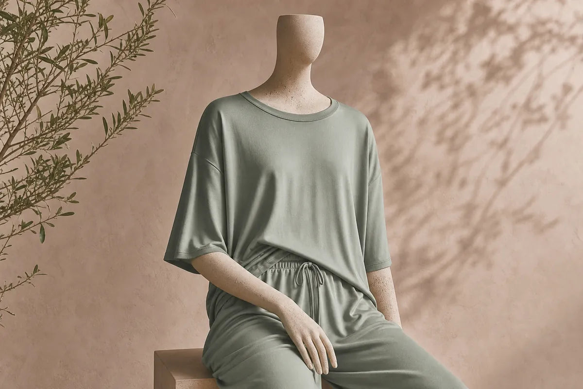 A sage green two-piece lounge set consisting of a short-sleeve crewneck top and matching drawstring pants, displayed on a mannequin seated against a warm beige textured wall with leaf shadows.