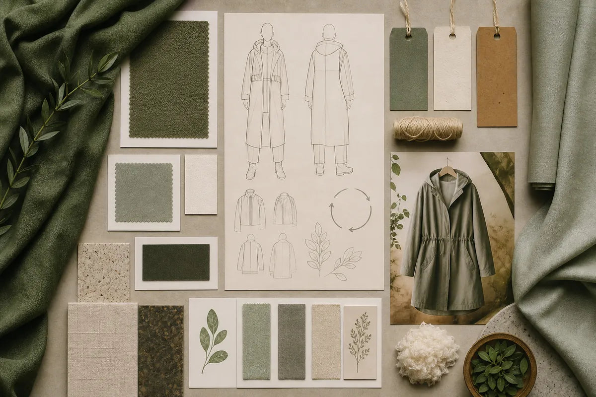 A styled flat-lay featuring a sage green trench coat design concept, including a central sketch of a coat, fabric swatches, color cards, tags, a printed garment photo, and natural materials arranged on a neutral surface.