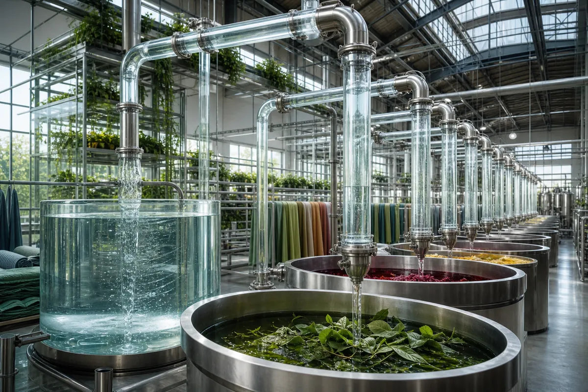 A large glass and metal tea processing facility with multiple stainless steel tubs, some containing green tea leaves and others filled with colorful tea extracts, under a high glass-roofed industrial ceiling.