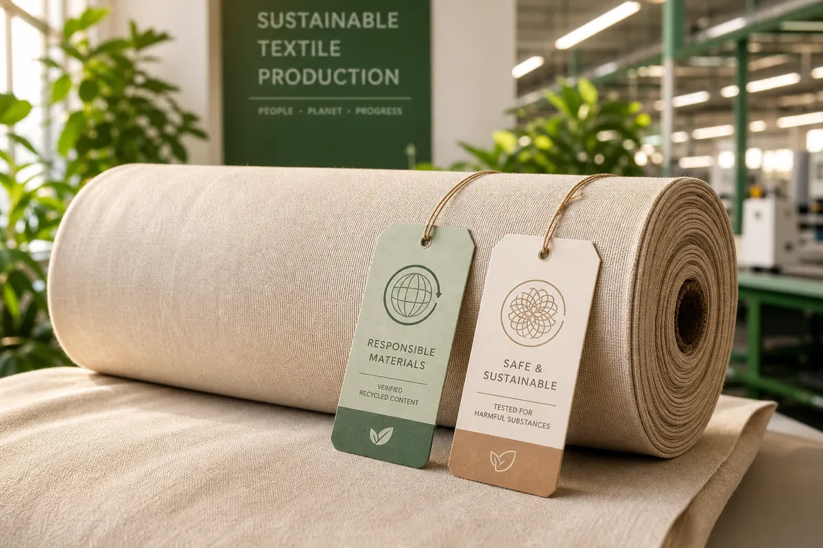 A large roll of natural beige fabric or carpet material sits on a matching beige textile surface, with two hanging paper tags attached. The tags read 'RESPONSIBLE MATERIALS' and 'SAFE & SUSTAINABLE,' and the background shows a textile production facility with a green sign reading 'SUSTAINABLE TEXTILE PRODUCTION.
