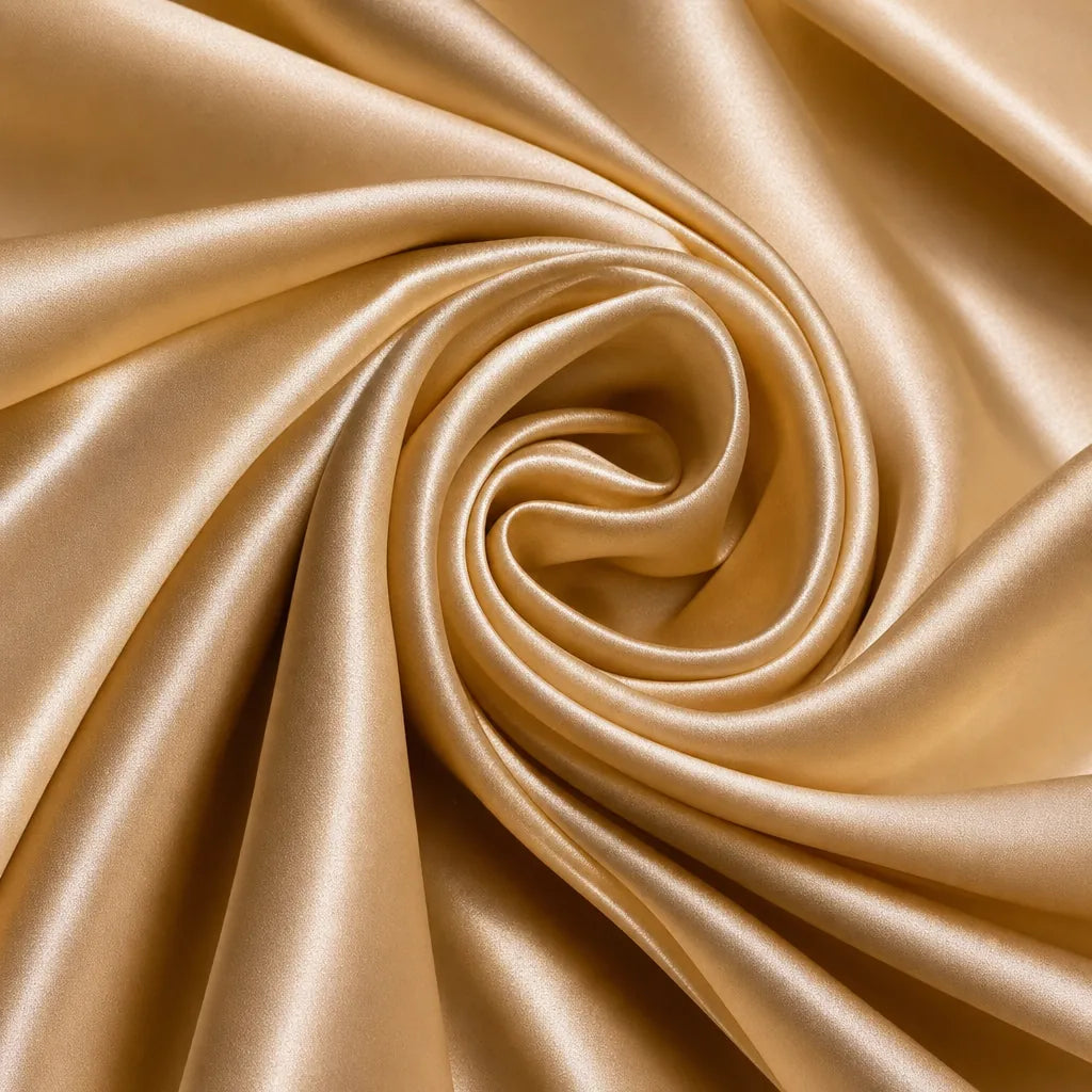 A close-up of draped champagne-gold satin fabric arranged in a spiral swirl, showing its smooth texture and reflective sheen.