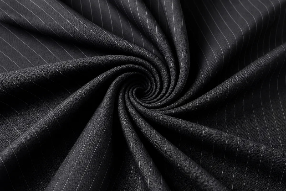 Dark charcoal gray pinstriped fabric arranged in a spiral drape, showing fine white vertical stripes and a smooth texture.