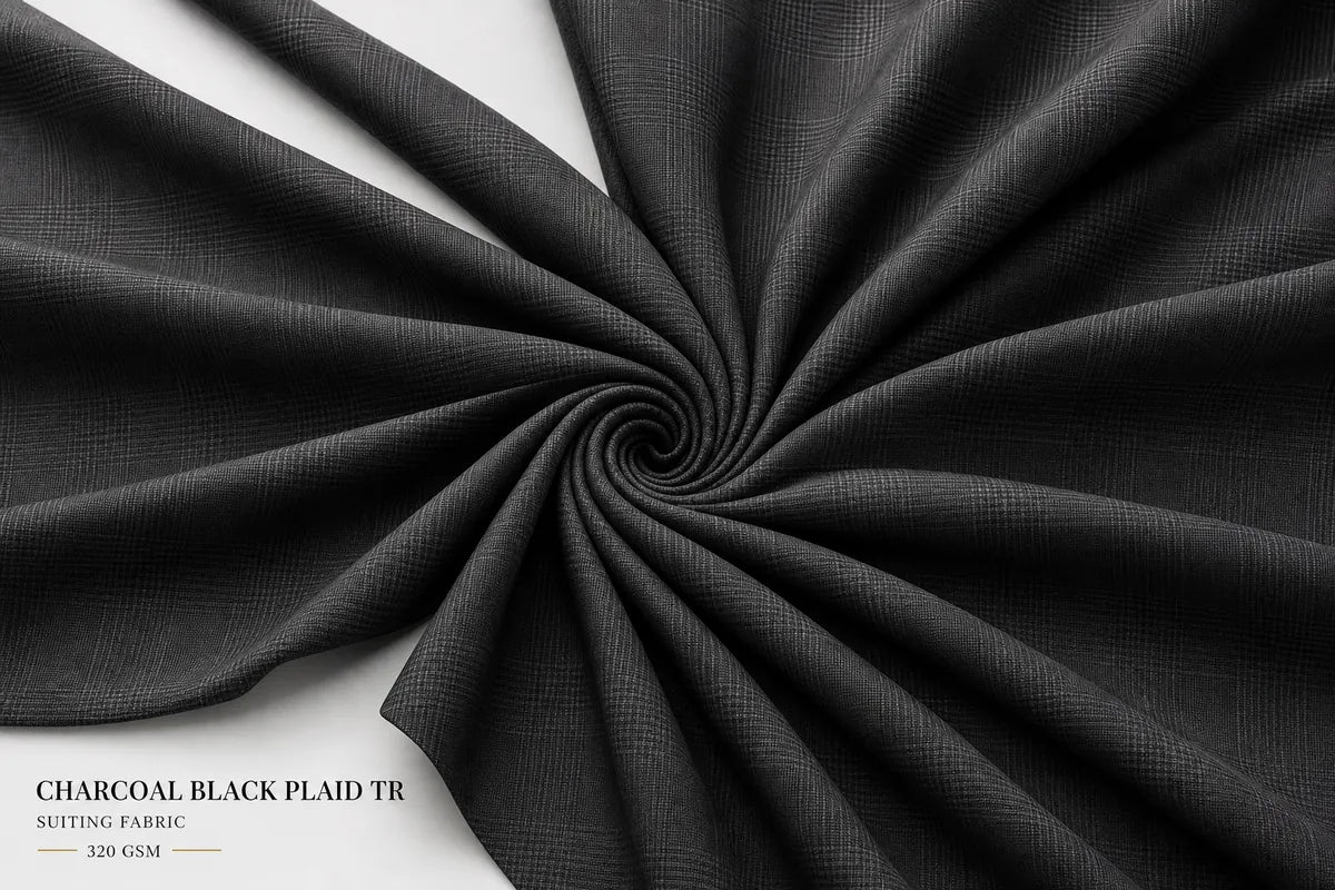 Charcoal black plaid twill fabric draped in a spiral pattern on a white background, with text in the bottom-left corner reading 'CHARCOAL BLACK PLAID TR SUITING FABRIC 320 GSM'.