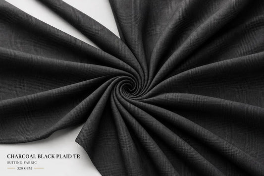 Charcoal black plaid twill fabric draped in a spiral pattern on a white background, with text in the bottom-left corner reading 'CHARCOAL BLACK PLAID TR SUITING FABRIC 320 GSM'.
