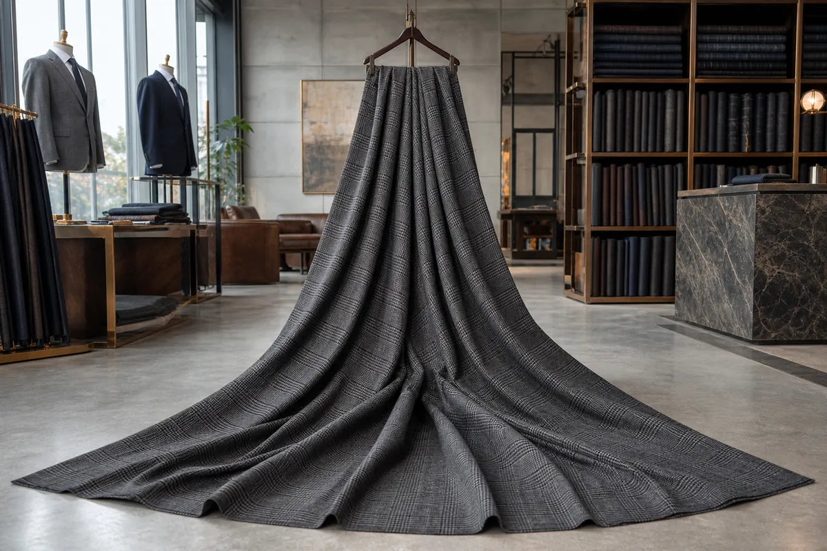 A dark gray textured knit blanket or throw draped from a hanger in a modern, stylishly decorated clothing showroom.