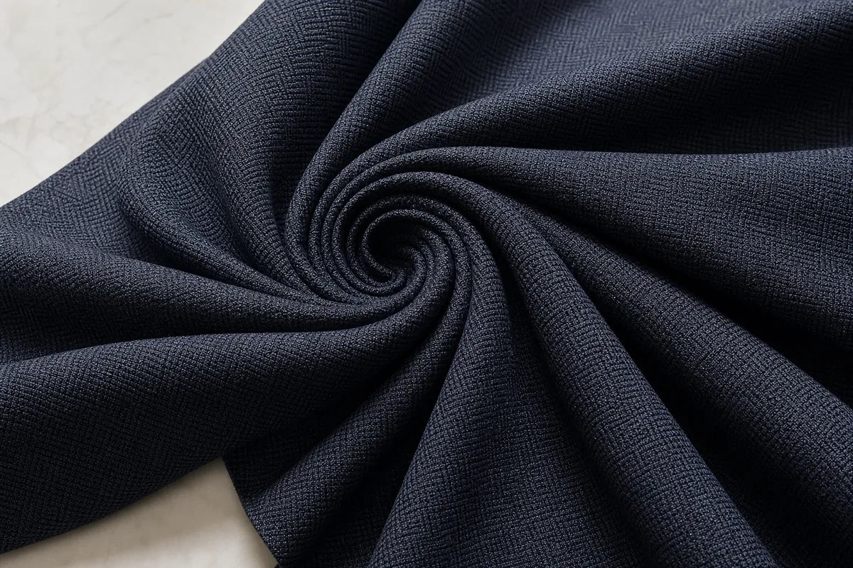 Dark navy blue textured fabric draped in a spiral pattern, showing a fine woven herringbone texture.