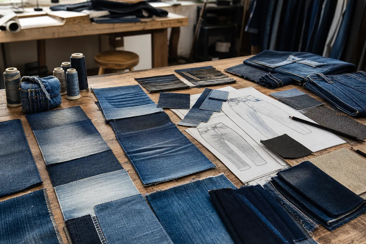 A wooden worktable covered with various blue denim fabric swatches, folded jeans, spools of thread, and a sketch of a garment design, set in a workshop environment.