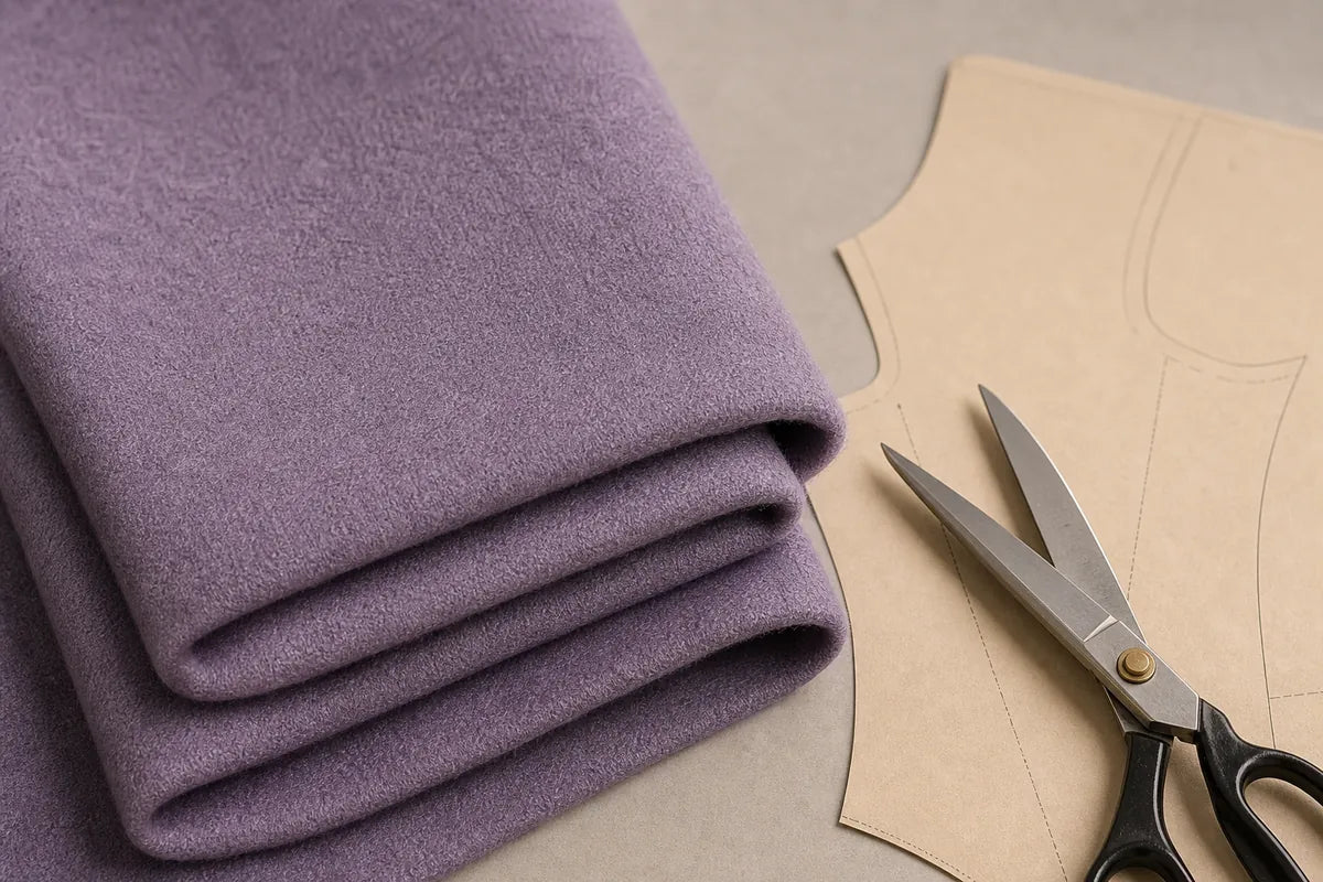 A folded piece of textured lavender-purple fabric next to a beige paper pattern and silver scissors on a neutral gray surface.