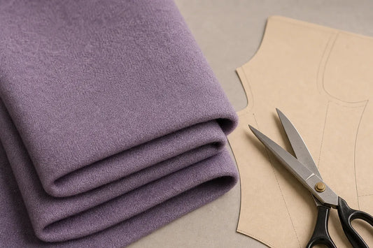 A folded piece of textured lavender-purple fabric next to a beige paper pattern and silver scissors on a neutral gray surface.