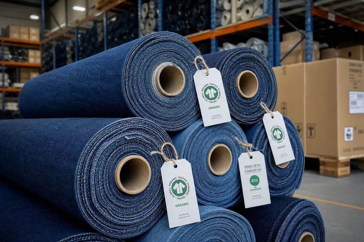 Stacks of dark blue denim fabric rolls in a warehouse setting, each with a white paper hangtag attached.
