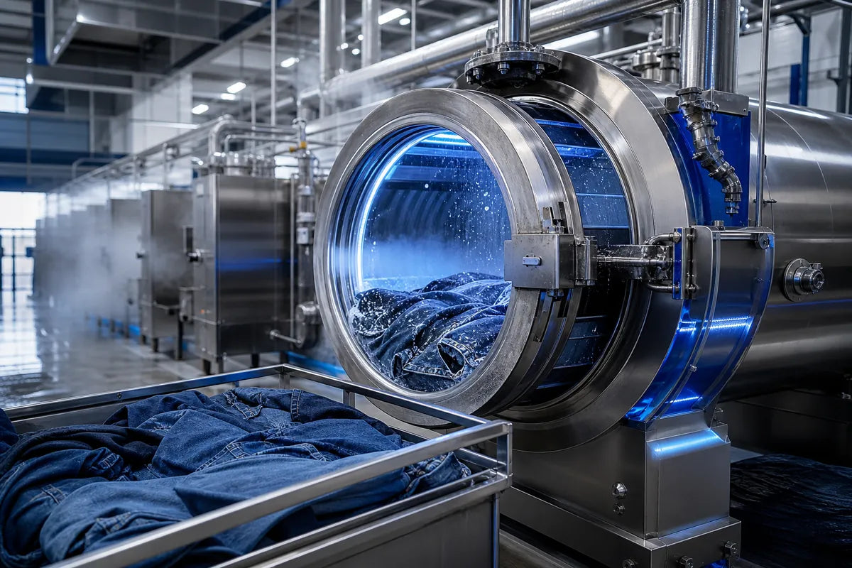 A large industrial stainless steel washing machine with a circular open door showing blue denim inside, with more blue denim piled in a metal cart in the foreground inside a clean laundry facility.