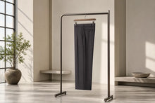 Dark charcoal gray pleated trousers hanging on a minimalist black metal clothing rack in a modern, sunlit interior room with beige walls and a potted plant.