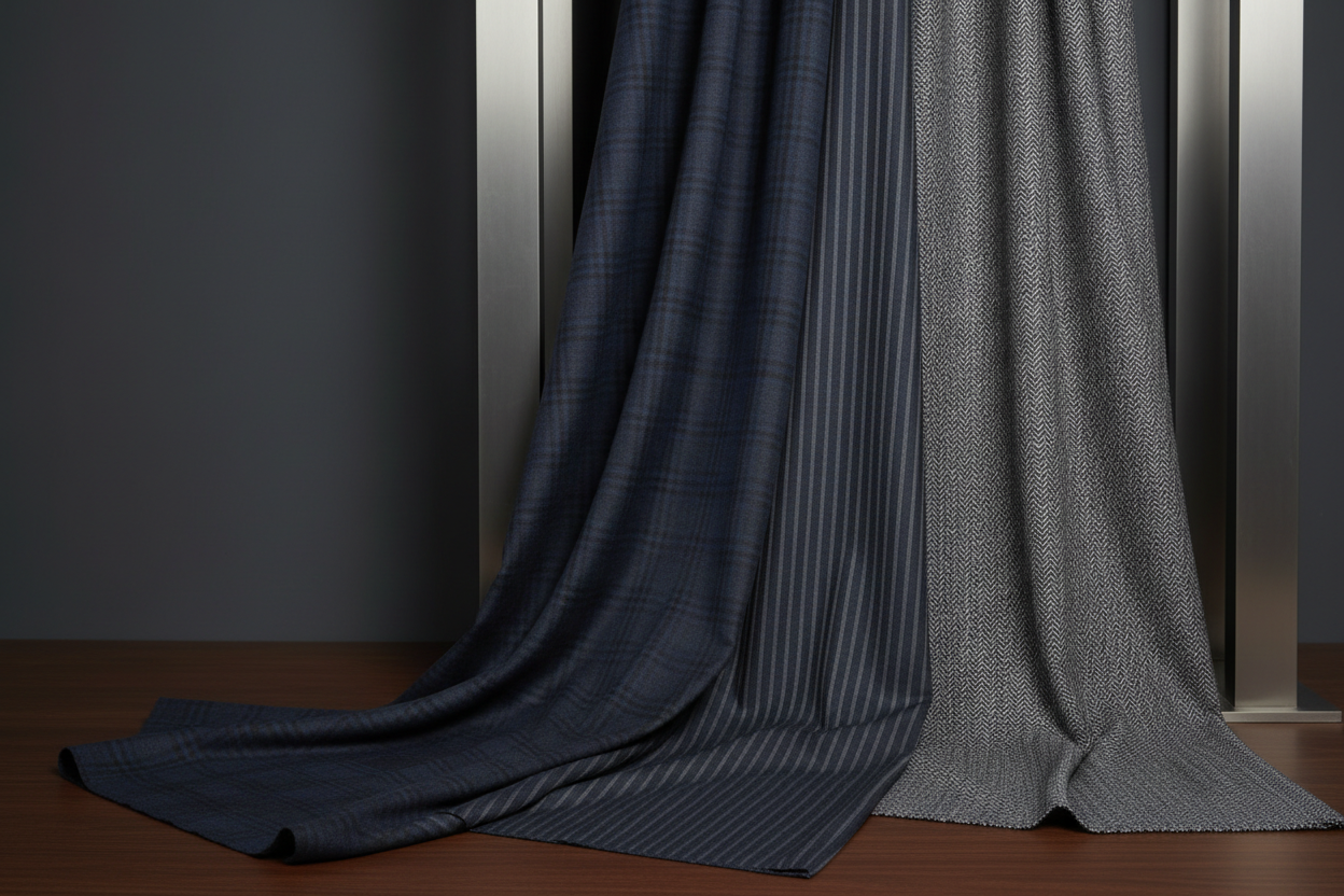 Two textured fabric samples, one blue and one gray, draped over a metallic frame against a dark background.