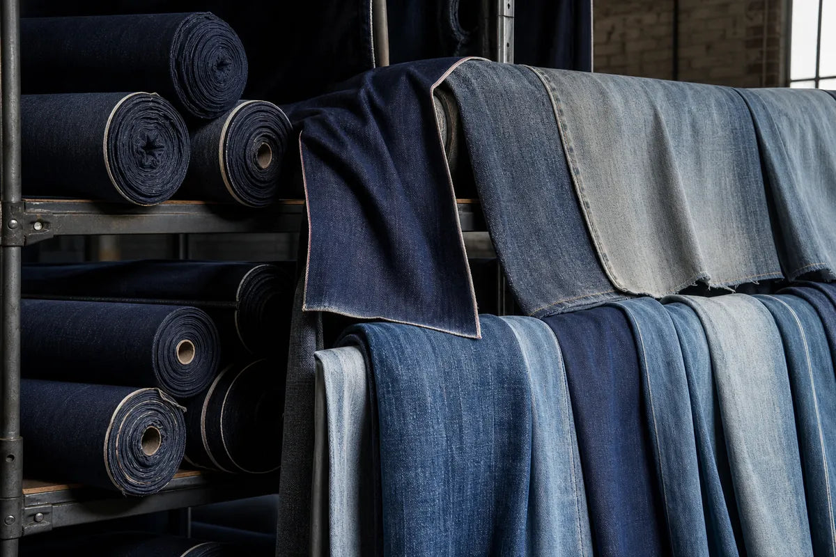 Rolls of dark and medium blue denim fabric hanging on metal racks in a warehouse or studio setting.
