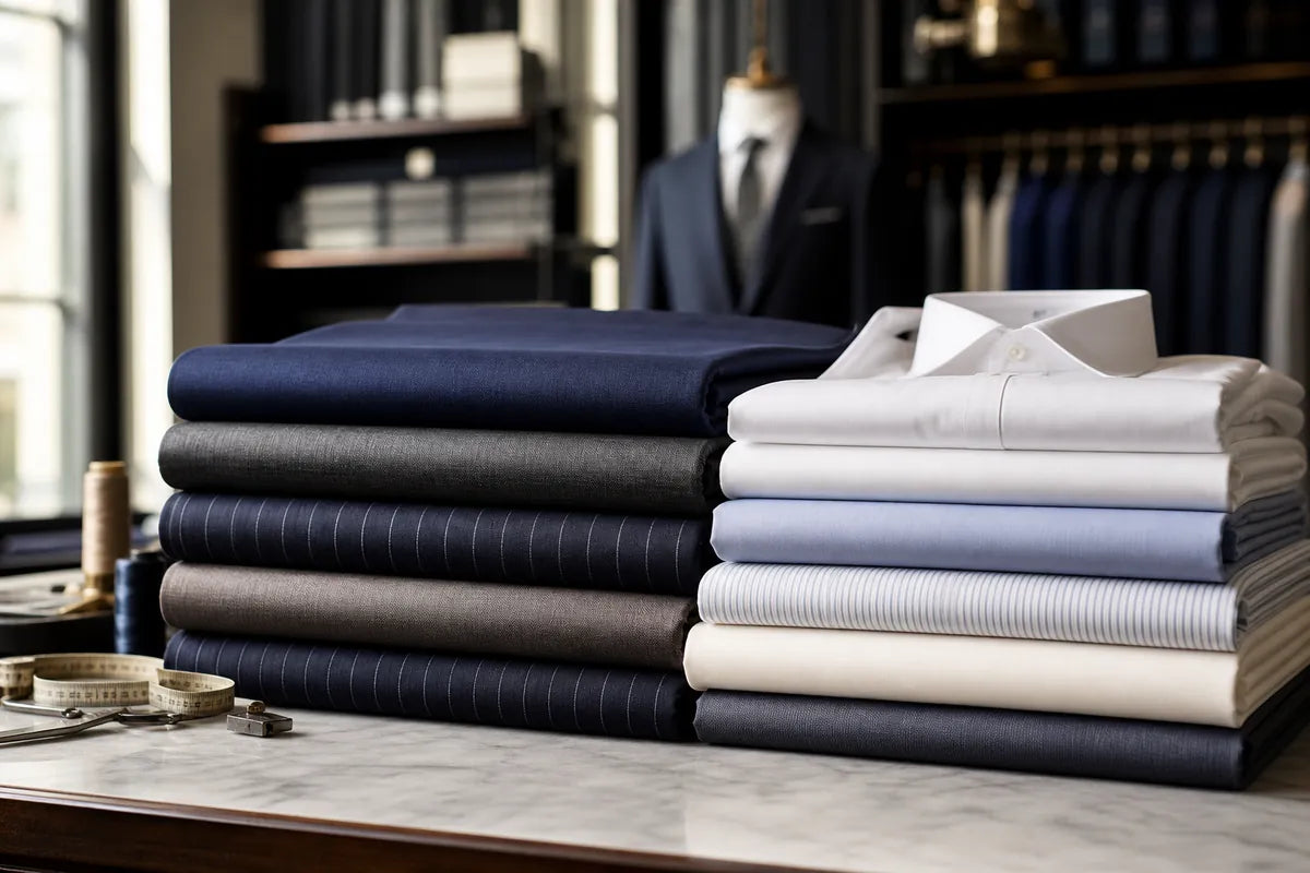 Stacks of folded dress shirts and trousers in a tailored shop setting, with a white dress shirt resting on top of navy and light blue folded garments on a marble counter.