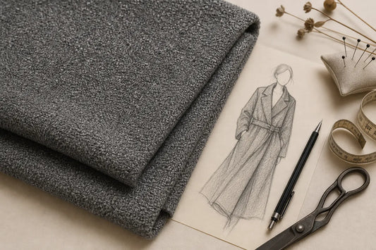 Folded gray textured fabric displayed on a beige surface next to a pencil sketch of a trench coat, with a pen, measuring tape, pins, and dried flowers.
