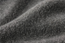 Close-up of a dark gray textured fabric with a looped or boucle-like surface, filling the frame.