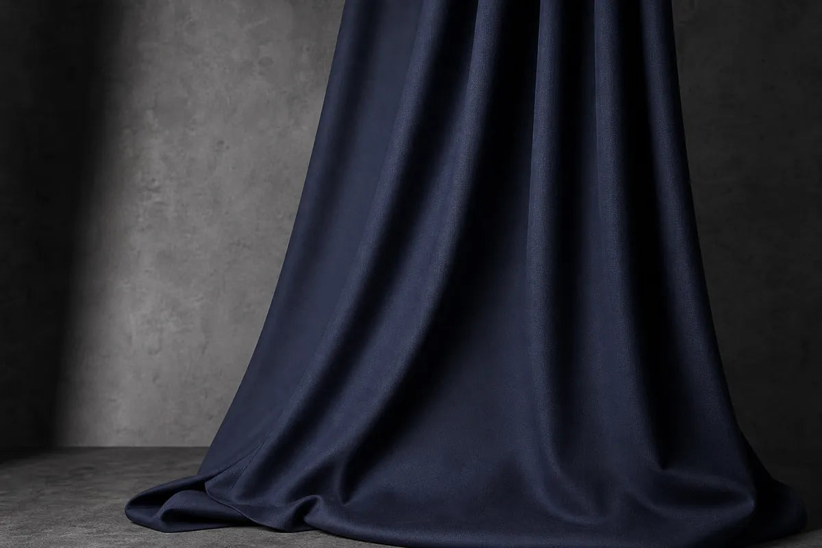 A draped piece of dark navy blue satin fabric cascading down against a textured gray studio background.