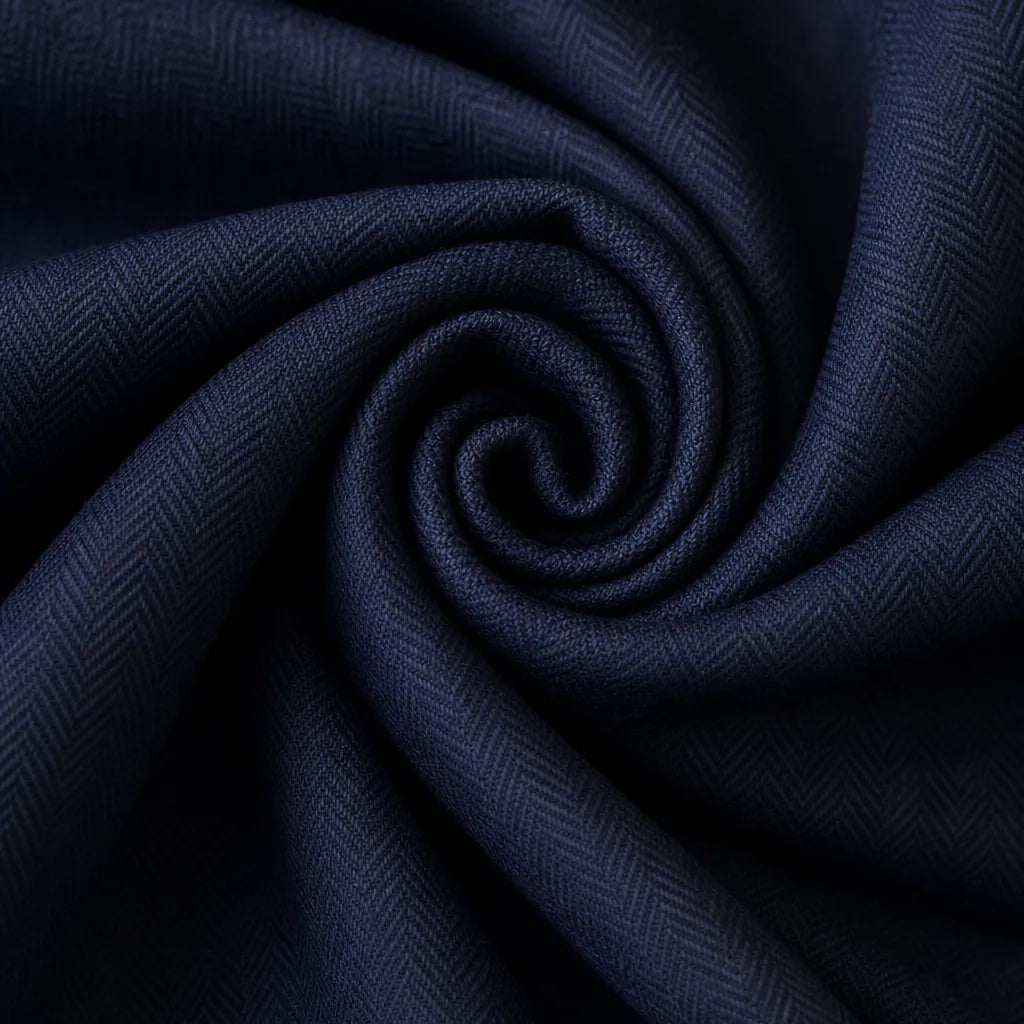 A close-up of dark navy blue fabric with a subtle herringbone texture, arranged in a spiral drape.