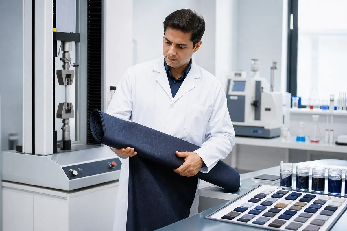 A man in a white lab coat stands in a modern laboratory holding a rolled dark navy fabric sample. Testing equipment, beakers, and a color swatch chart are visible in the background.